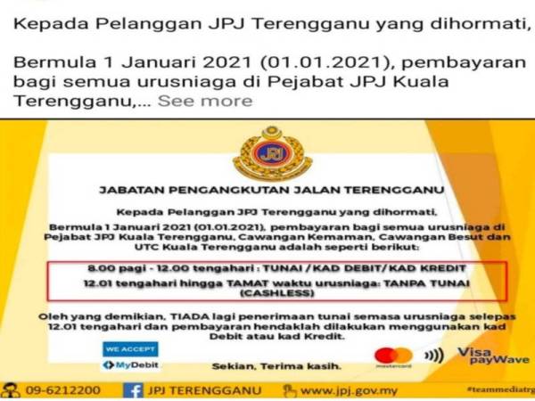 JPJ Terengganu Kutip Hasil Bayaran Tanpa Tunai Lebih RM8 Juta