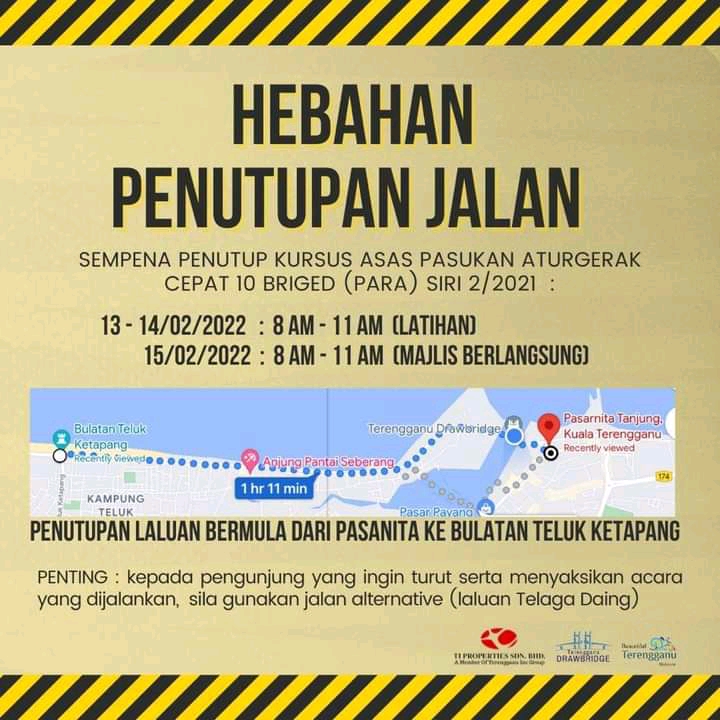 Jalan Drawbridge-Pantai Seberang Takir Ditutup Tiga Hari