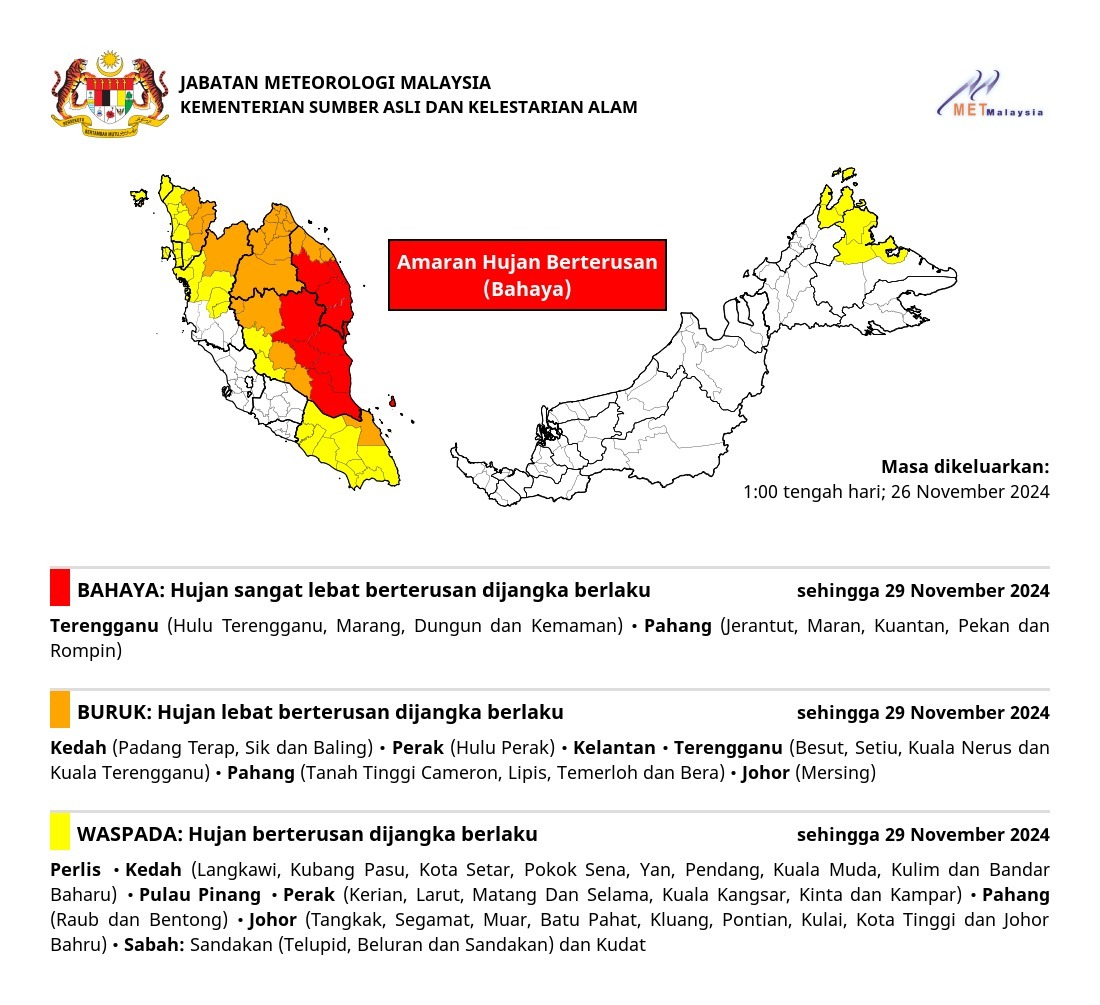 Hujan Lebat Berterusan Tahap Bahaya di Terengganu, Pahang Hingga Jumaat Ini