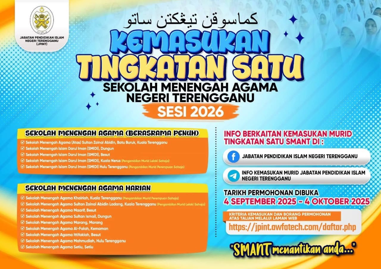 Kemasukan Tingkatan Satu Sekolah Agama Terengganu 2026 Dibuka