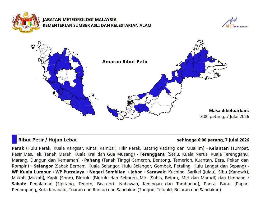 Ribut Petir, Hujan Lebat Dijangka Landa Enam Daerah di Terengganu
