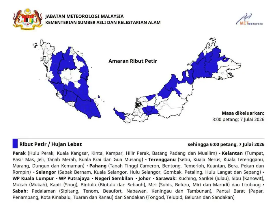 Ribut Petir, Hujan Lebat Dijangka Landa Enam Daerah di Terengganu